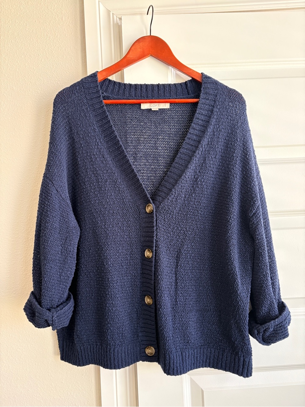 LOFT Navy Blue Button-Front Chunky V-Neck Cardigan XL oversized